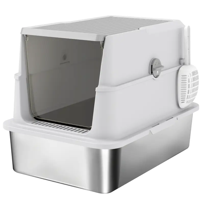 Arenero para Gatos de Acero Inoxidable XL Cerrado con Tapa Abatible Borde Alto Pala Antifugas Gris Claro Arenero para Gatos de Acero Inoxidable XL Cerrado con Tapa Abatible Borde Alto Pala Antifugas Gris Claro