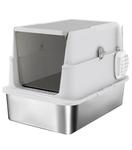 Arenero para Gatos de Acero Inoxidable XL Cerrado con Tapa Abatible Borde Alto Pala Antifugas Gris Claro