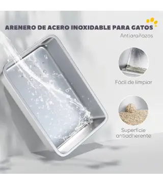 Arenero para Gatos de Acero Inoxidable XL Cerrado con Tapa Abatible Borde Alto Pala Antifugas Gris Claro