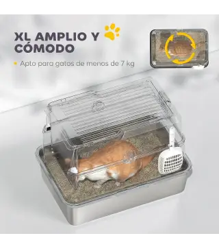 Arenero para Gatos de Acero Inoxidable XL Cerrado con Tapa Abatible Borde Alto Pala Antifugas Gris Claro