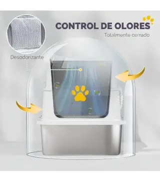 Arenero para Gatos de Acero Inoxidable XL Cerrado con Tapa Abatible Borde Alto Pala Antifugas Gris Claro