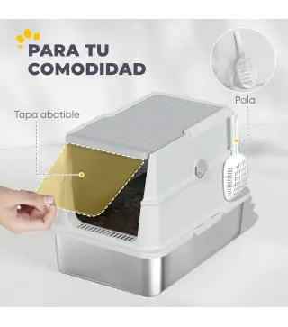 Arenero para Gatos de Acero Inoxidable XL Cerrado con Tapa Abatible Borde Alto Pala Antifugas Gris Claro