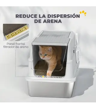 Arenero para Gatos de Acero Inoxidable XL Cerrado con Tapa Abatible Borde Alto Pala Antifugas Gris Claro
