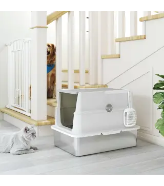 Arenero para Gatos de Acero Inoxidable XL Cerrado con Tapa Abatible Borde Alto Pala Antifugas Gris Claro