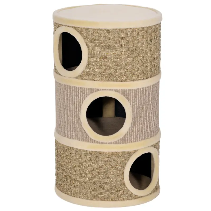 Barril Rascador para Gatos de 3 Niveles Altura 79 cm Tonel de Escalada con Cama Cubierto de Sisal Caqui y Café