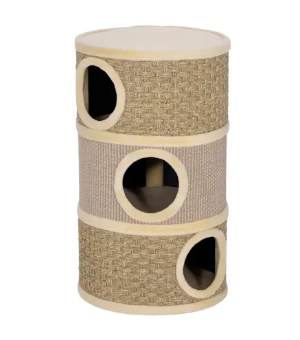 Barril Rascador para Gatos de 3 Niveles Altura 79 cm Tonel de Escalada con Cama Cubierto de Sisal Caqui y Café