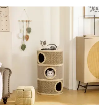 Barril Rascador para Gatos de 3 Niveles Altura 79 cm Tonel de Escalada con Cama Cubierto de Sisal Caqui y Café