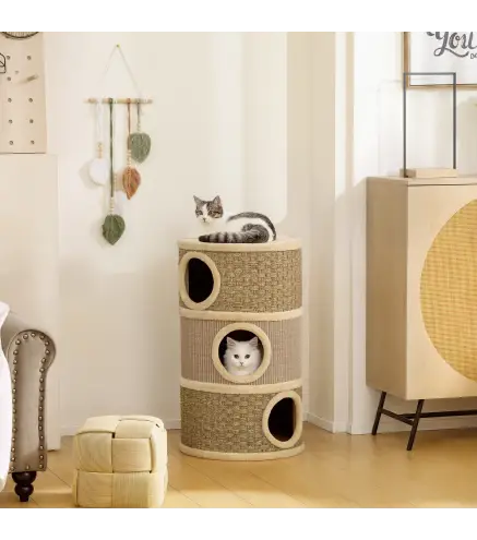 Barril Rascador para Gatos de 3 Niveles Altura 79 cm Tonel de Escalada con Cama Cubierto de Sisal Caqui y Café
