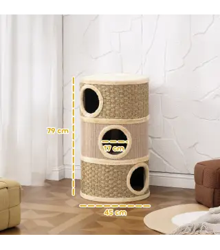 Barril Rascador para Gatos de 3 Niveles Altura 79 cm Tonel de Escalada con Cama Cubierto de Sisal Caqui y Café