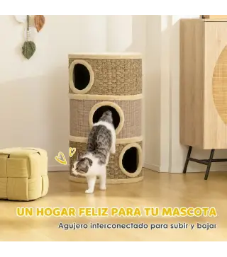Barril Rascador para Gatos de 3 Niveles Altura 79 cm Tonel de Escalada con Cama Cubierto de Sisal Caqui y Café