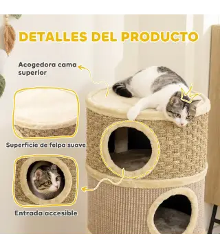 Barril Rascador para Gatos de 3 Niveles Altura 79 cm Tonel de Escalada con Cama Cubierto de Sisal Caqui y Café