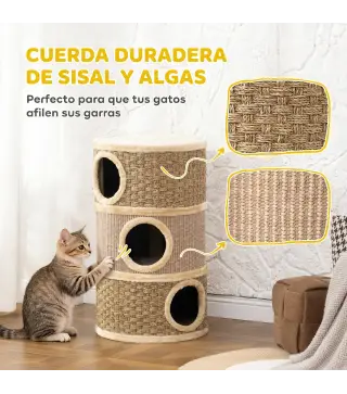 Barril Rascador para Gatos de 3 Niveles Altura 79 cm Tonel de Escalada con Cama Cubierto de Sisal Caqui y Café