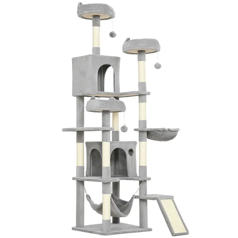 Árbol Rascador Grande para Gatos 192 cm con 3 Camas 2 Casitas 2 Hamacas Escalera Rascadora Postes de Sisal Gris Claro