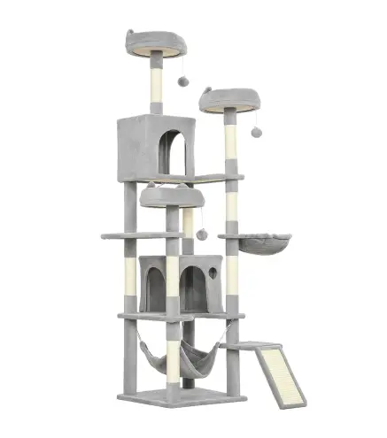 Árbol Rascador Grande para Gatos 192 cm con 3 Camas 2 Casitas 2 Hamacas Escalera Rascadora Postes de Sisal Gris Claro