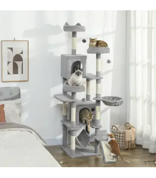 Árbol Rascador Grande para Gatos 192 cm con 3 Camas 2 Casitas 2 Hamacas Escalera Rascadora Postes de Sisal Gris Claro
