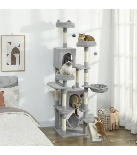 Árbol Rascador Grande para Gatos 192 cm con 3 Camas 2 Casitas 2 Hamacas Escalera Rascadora Postes de Sisal Gris Claro