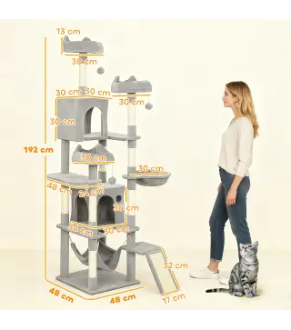 Árbol Rascador Grande para Gatos 192 cm con 3 Camas 2 Casitas 2 Hamacas Escalera Rascadora Postes de Sisal Gris Claro