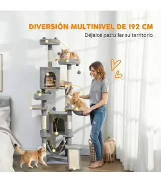 Árbol Rascador Grande para Gatos 192 cm con 3 Camas 2 Casitas 2 Hamacas Escalera Rascadora Postes de Sisal Gris Claro