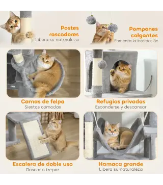 Árbol Rascador Grande para Gatos 192 cm con 3 Camas 2 Casitas 2 Hamacas Escalera Rascadora Postes de Sisal Gris Claro