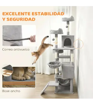 Árbol Rascador Grande para Gatos 192 cm con 3 Camas 2 Casitas 2 Hamacas Escalera Rascadora Postes de Sisal Gris Claro
