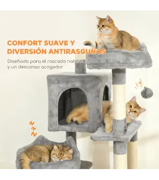 Árbol Rascador Grande para Gatos 192 cm con 3 Camas 2 Casitas 2 Hamacas Escalera Rascadora Postes de Sisal Gris Claro