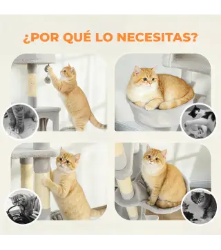 Árbol Rascador Grande para Gatos 192 cm con 3 Camas 2 Casitas 2 Hamacas Escalera Rascadora Postes de Sisal Gris Claro