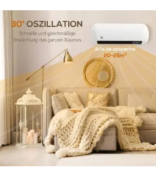 Calefactor Eléctrico de Pared 2000W con 3 Modos Pantalla LED Termostato Temporizador y Oscilación Blanco