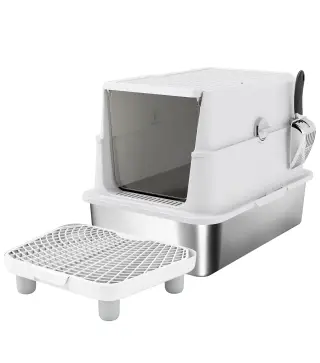 Arenero para Gatos de Acero Inoxidable XL Cerrado con Tapa Abatible Borde Alto Pala Metálica Antifugas Gris Claro