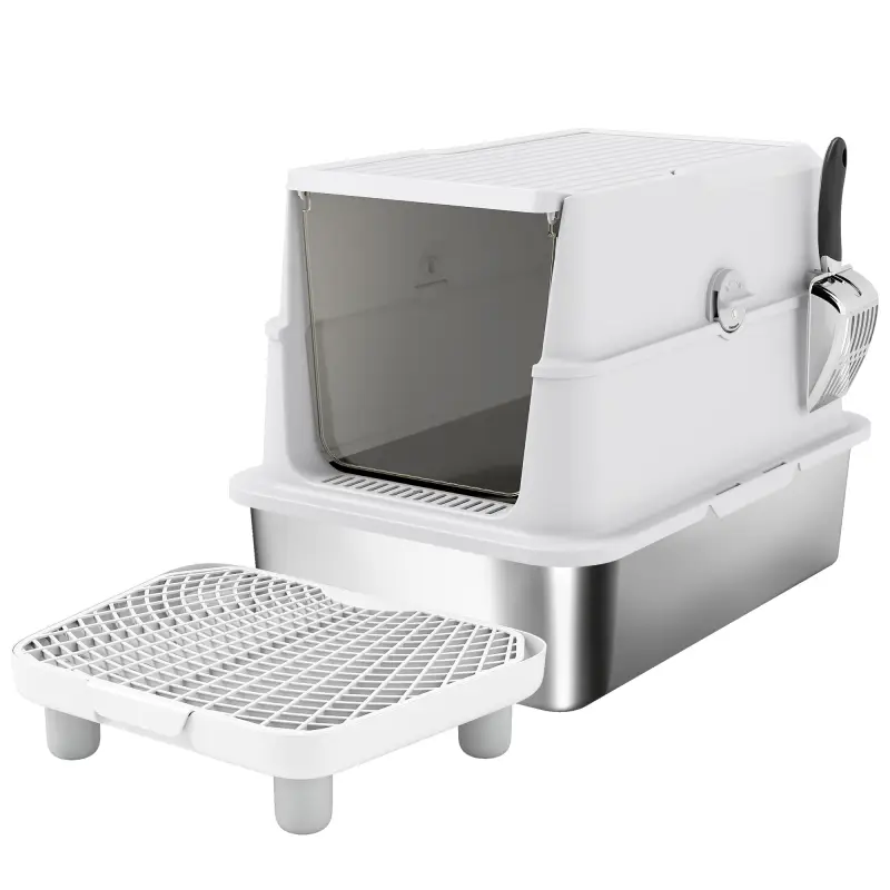 Arenero para Gatos de Acero Inoxidable XL Cerrado con Tapa Abatible Borde Alto Pala Metálica Antifugas Gris Claro Arenero para Gatos de Acero Inoxidable XL Cerrado con Tapa Abatible Borde Alto Pala Metálica Antifugas Gris Claro