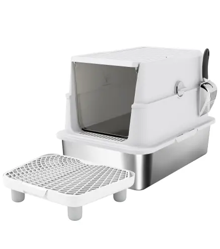 Arenero para Gatos de Acero Inoxidable XL Cerrado con Tapa Abatible Borde Alto Pala Metálica Antifugas Gris Claro
