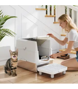 Arenero para Gatos de Acero Inoxidable XL Cerrado con Tapa Abatible Borde Alto Pala Metálica Antifugas Gris Claro