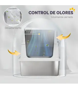Arenero para Gatos de Acero Inoxidable XL Cerrado con Tapa Abatible Borde Alto Pala Metálica Antifugas Gris Claro