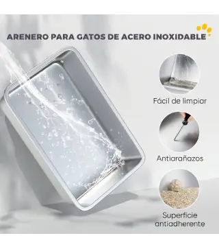 Arenero para Gatos de Acero Inoxidable XL Cerrado con Tapa Abatible Borde Alto Pala Metálica Antifugas Gris Claro