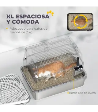 Arenero para Gatos de Acero Inoxidable XL Cerrado con Tapa Abatible Borde Alto Pala Metálica Antifugas Gris Claro