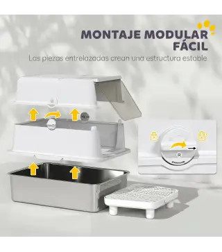 Arenero para Gatos de Acero Inoxidable XL Cerrado con Tapa Abatible Borde Alto Pala Metálica Antifugas Gris Claro