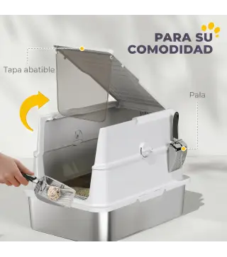 Arenero para Gatos de Acero Inoxidable XL Cerrado con Tapa Abatible Borde Alto Pala Metálica Antifugas Gris Claro