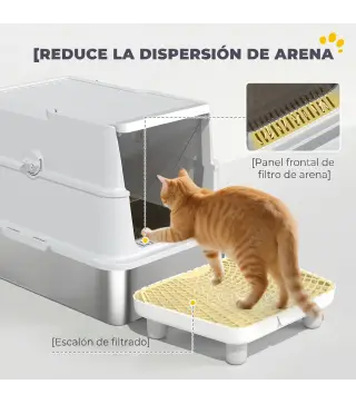 Arenero para Gatos de Acero Inoxidable XL Cerrado con Tapa Abatible Borde Alto Pala Metálica Antifugas Gris Claro
