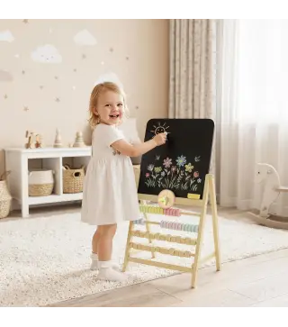 Pizarra Infantil Caballete Caballete de Madera con Pizarra Doble Cara Reloj Ábaco y Borrador para +2 Años Natural