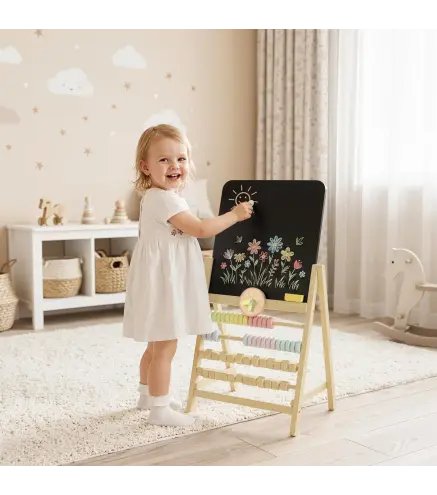 Pizarra Infantil Caballete Caballete de Madera con Pizarra Doble Cara Reloj Ábaco y Borrador para +2 Años Natural