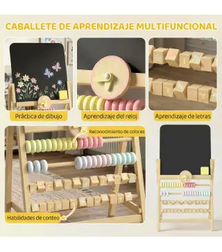 Pizarra Infantil Caballete Caballete de Madera con Pizarra Doble Cara Reloj Ábaco y Borrador para +2 Años Natural