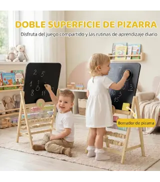 Pizarra Infantil Caballete Caballete de Madera con Pizarra Doble Cara Reloj Ábaco y Borrador para +2 Años Natural