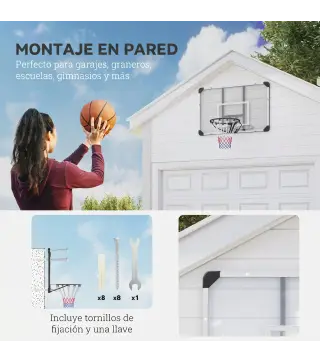 Canasta de Baloncesto de Pared Aro de Baloncesto con Red y Marco de Acero para Exterior 113x61x73 cm Blanco y Negro