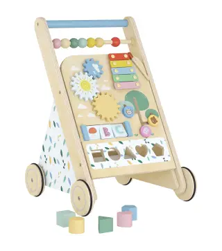 Andador Madera Bebé Caminador Bebé con Juguetes Montessori Control de Velocidad 5 Bloques Ruedas Natural