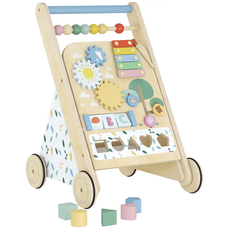 Andador Madera Bebé Caminador Bebé con Juguetes Montessori Control de Velocidad 5 Bloques Ruedas Natural