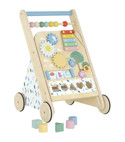 Andador Madera Bebé Caminador Bebé con Juguetes Montessori Control de Velocidad 5 Bloques Ruedas Natural