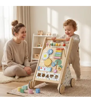 Andador Madera Bebé Caminador Bebé con Juguetes Montessori Control de Velocidad 5 Bloques Ruedas Natural