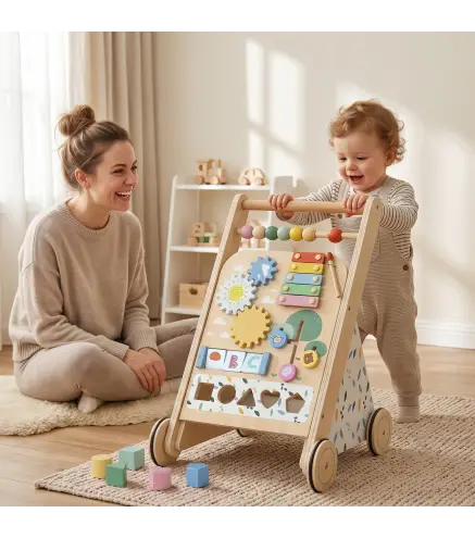 Andador Madera Bebé Caminador Bebé con Juguetes Montessori Control de Velocidad 5 Bloques Ruedas Natural