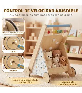 Andador Madera Bebé Caminador Bebé con Juguetes Montessori Control de Velocidad 5 Bloques Ruedas Natural