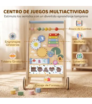 Andador Madera Bebé Caminador Bebé con Juguetes Montessori Control de Velocidad 5 Bloques Ruedas Natural