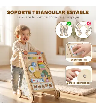 Andador Madera Bebé Caminador Bebé con Juguetes Montessori Control de Velocidad 5 Bloques Ruedas Natural